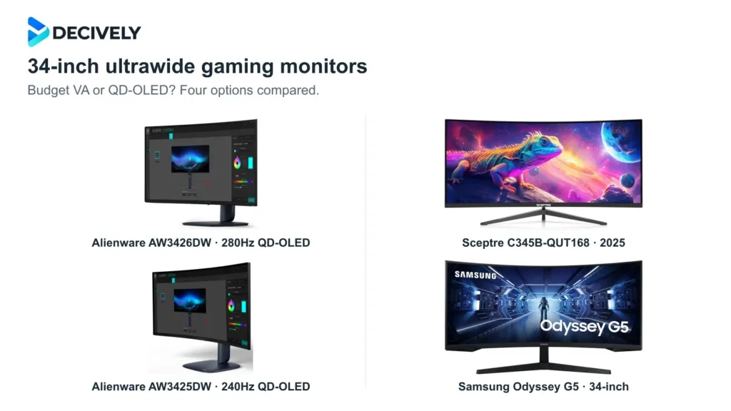 Alienware AW3426DW and AW3425DW, Sceptre C345B-QUT168 2025 and Samsung Odyssey G5 34 with the actual Decively logo