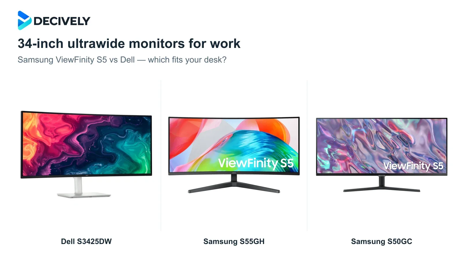 Dell S3425DW, Samsung ViewFinity S55GH and S50GC ultrawide monitors with the actual Decively logo