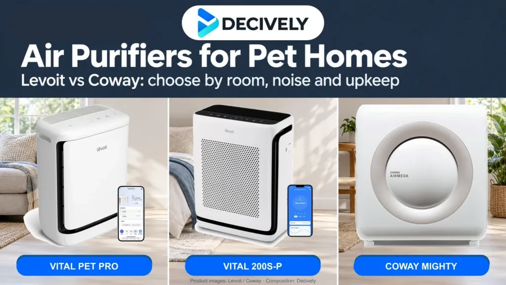 Levoit Vital Pet Pro, Levoit Vital 200S-P and white Coway Mighty AP-1512HH in a Decively comparison cover