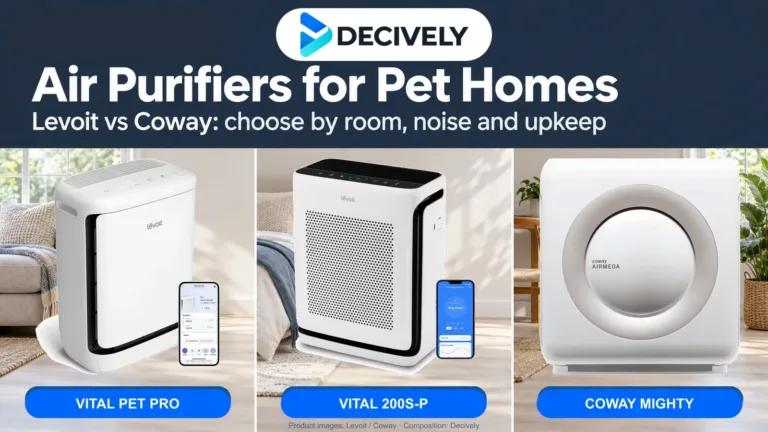 Levoit Vital Pet Pro, Levoit Vital 200S-P and white Coway Mighty AP-1512HH in a Decively comparison cover