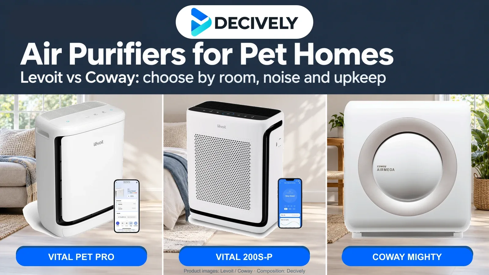 Levoit Vital Pet Pro, Levoit Vital 200S-P and white Coway Mighty AP-1512HH in a Decively comparison cover