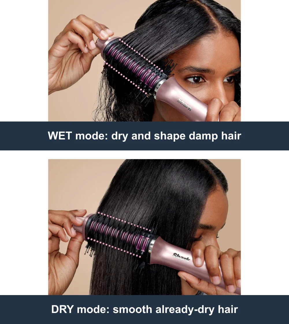 Shark manufacturer demonstrations showing Glossi WET mode on damp hair and DRY mode on already-dry hair