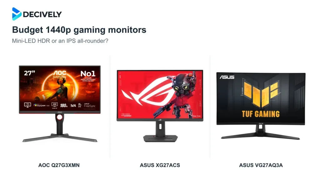 AOC Q27G3XMN, ASUS ROG XG27ACS and TUF VG27AQ3A gaming monitors with the actual Decively logo
