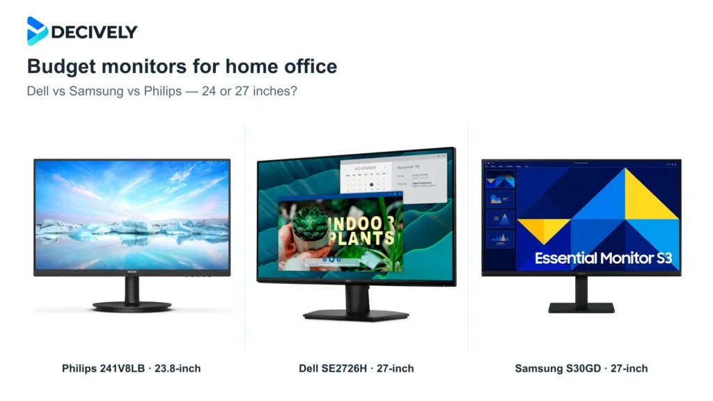 Philips 241V8LB, Dell SE2726H and Samsung S30GD 27 budget monitors with the actual Decively logo