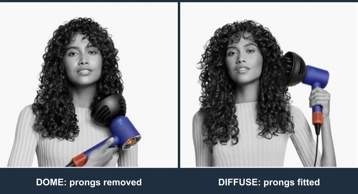 Dyson manufacturer demonstrations of Wave+Curl Dome mode with the prong insert removed and Diffuse mode with the prongs fitted