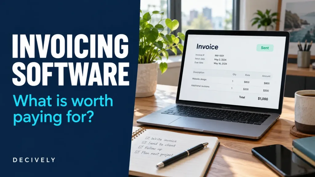 Illustration of a freelancer desk and fictional invoice for an invoicing software buying guide