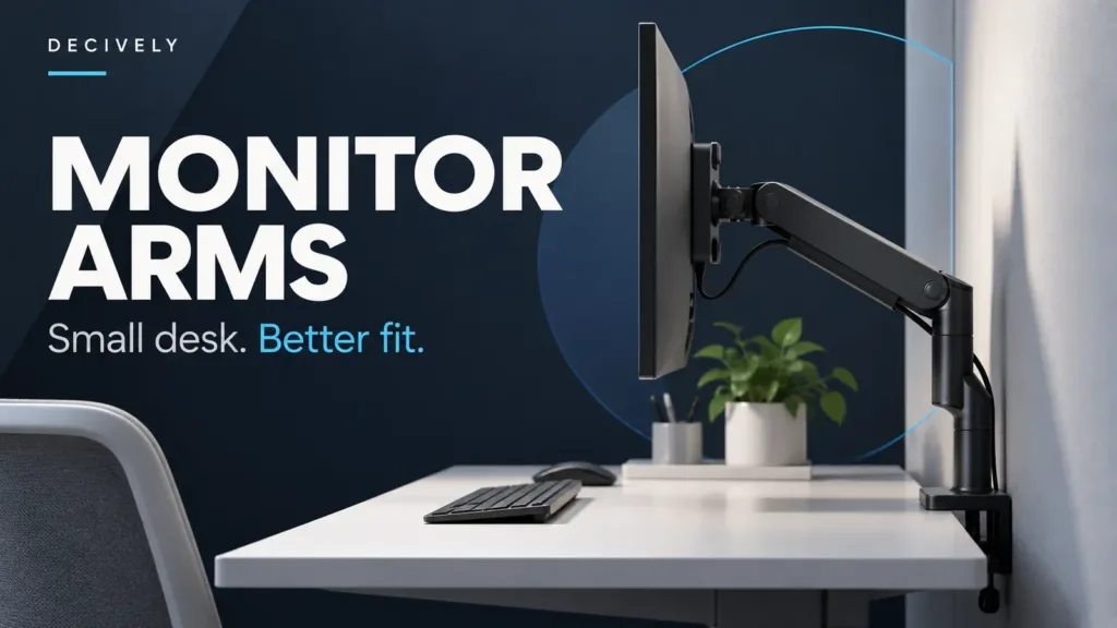 Decively editorial illustration of a monitor arm on a small home-office desk