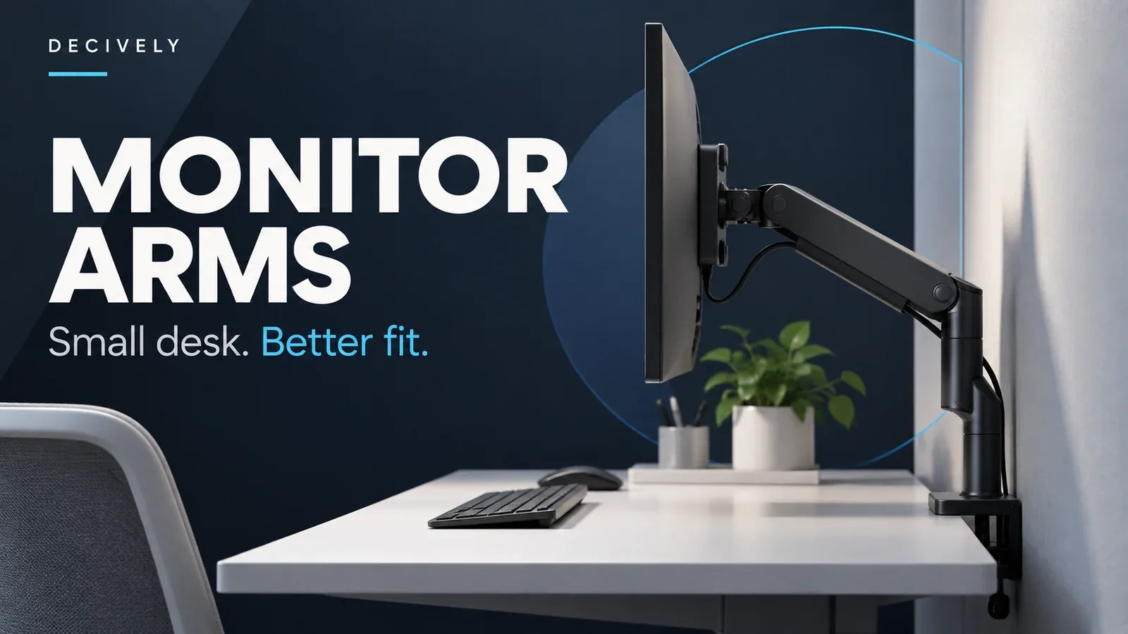 Decively editorial illustration of a monitor arm on a small home-office desk