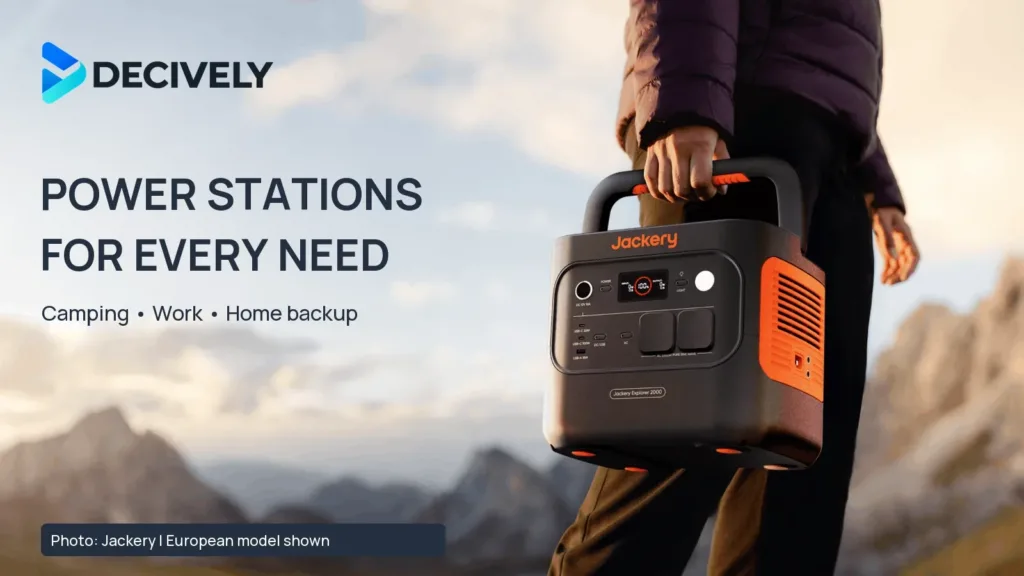 Jackery Explorer 2000 v2 being carried outdoors, with Decively branding for a portable power stations buying guide