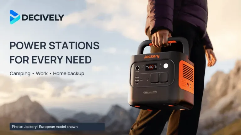 Jackery Explorer 2000 v2 being carried outdoors, with Decively branding for a portable power stations buying guide
