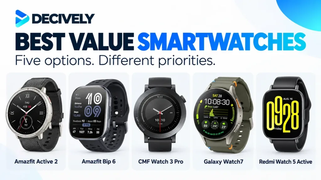 Amazfit Active 2, Amazfit Bip 6, CMF Watch 3 Pro, Samsung Galaxy Watch7 and Redmi Watch 5 Active in a Decively comparison collage.
