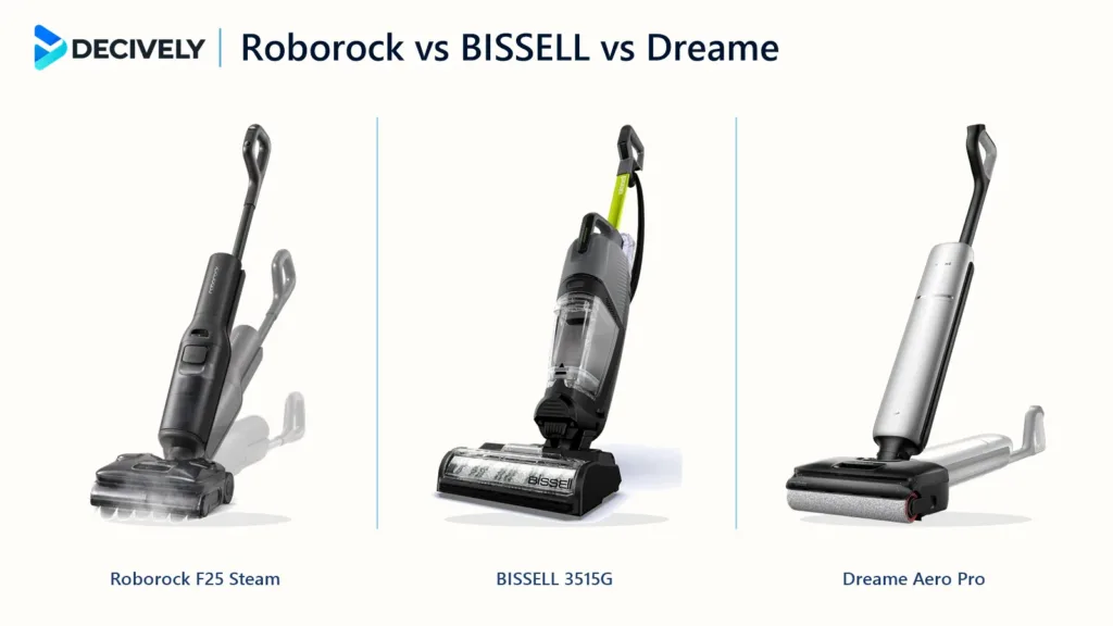 Roborock F25 Steam, BISSELL HydroSteam Deluxe 3515G, and Dreame Aero Pro compared side by side.