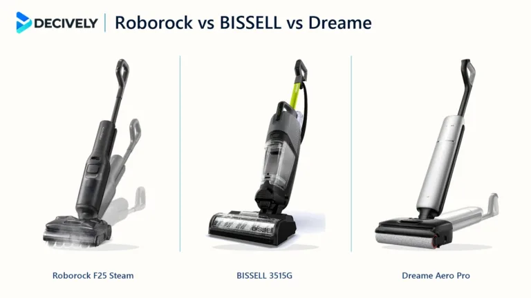 Roborock F25 Steam, BISSELL HydroSteam Deluxe 3515G, and Dreame Aero Pro compared side by side.