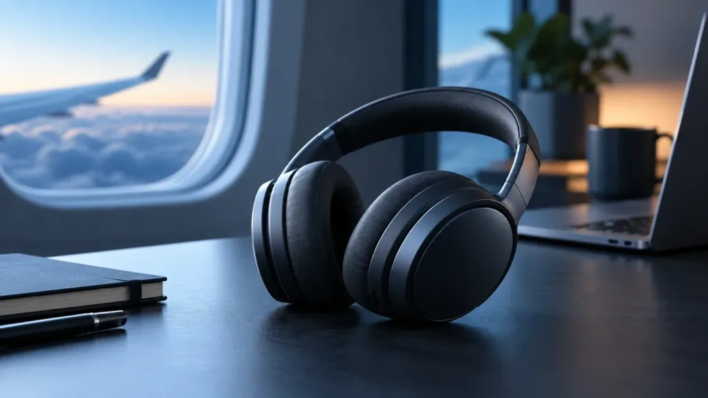 Conceptual over-ear wireless headphones beside travel and home-office settings.