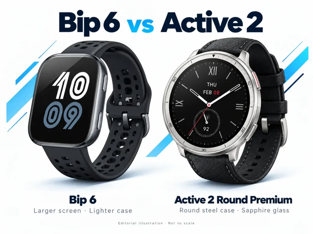 Editorial illustration comparing rectangular Amazfit Bip 6 with round Active 2 Premium