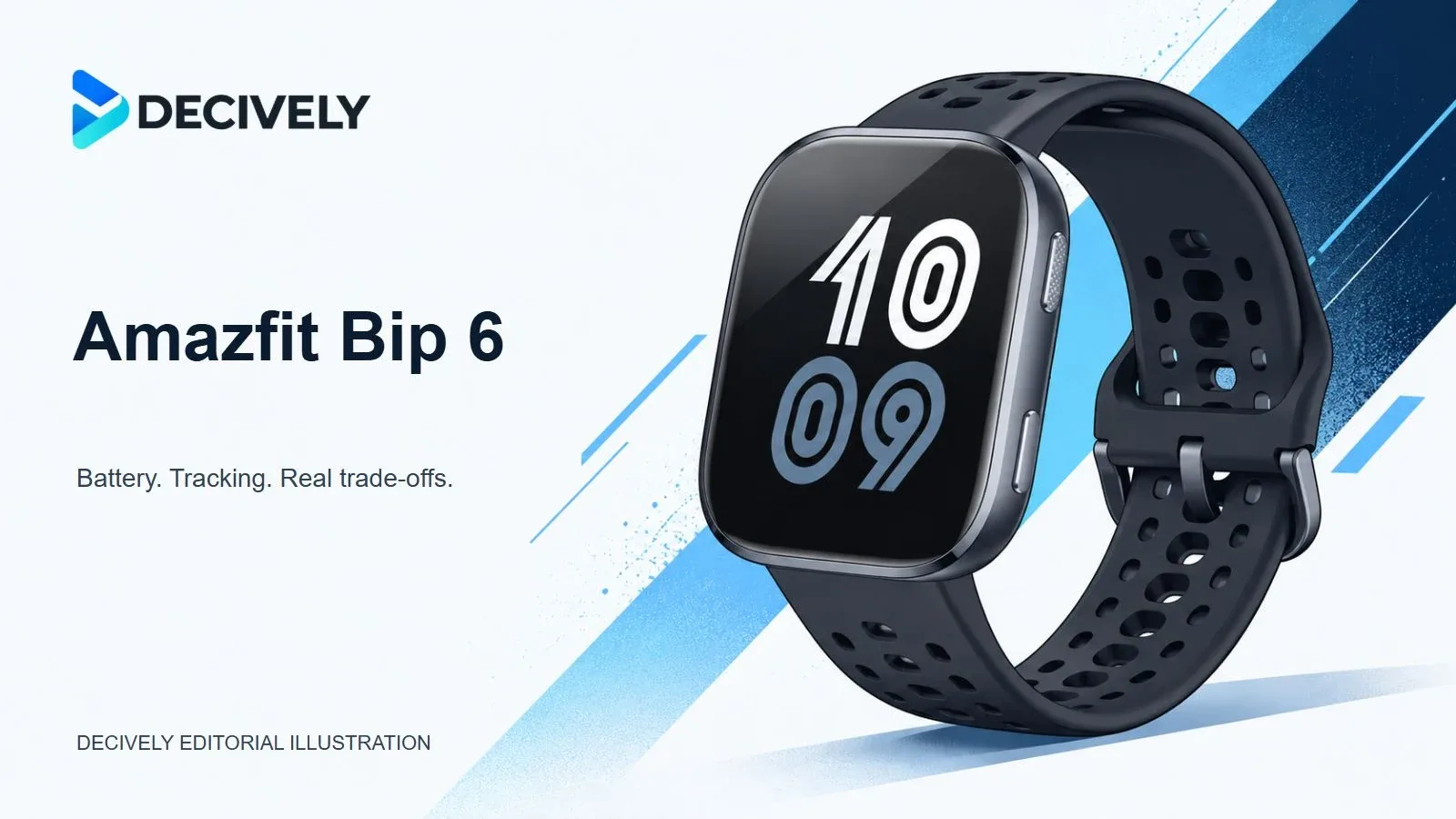 Decively editorial illustration of Amazfit Bip 6 with black silicone strap
