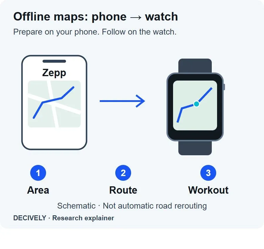Amazfit Bip 6 offline maps diagram showing area and route transfer from phone to watch