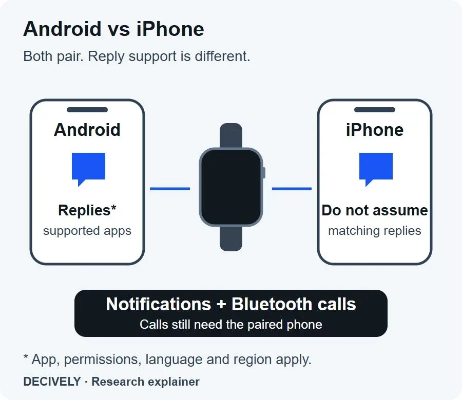 Amazfit Bip 6 phone compatibility diagram comparing Android replies with iPhone limitations