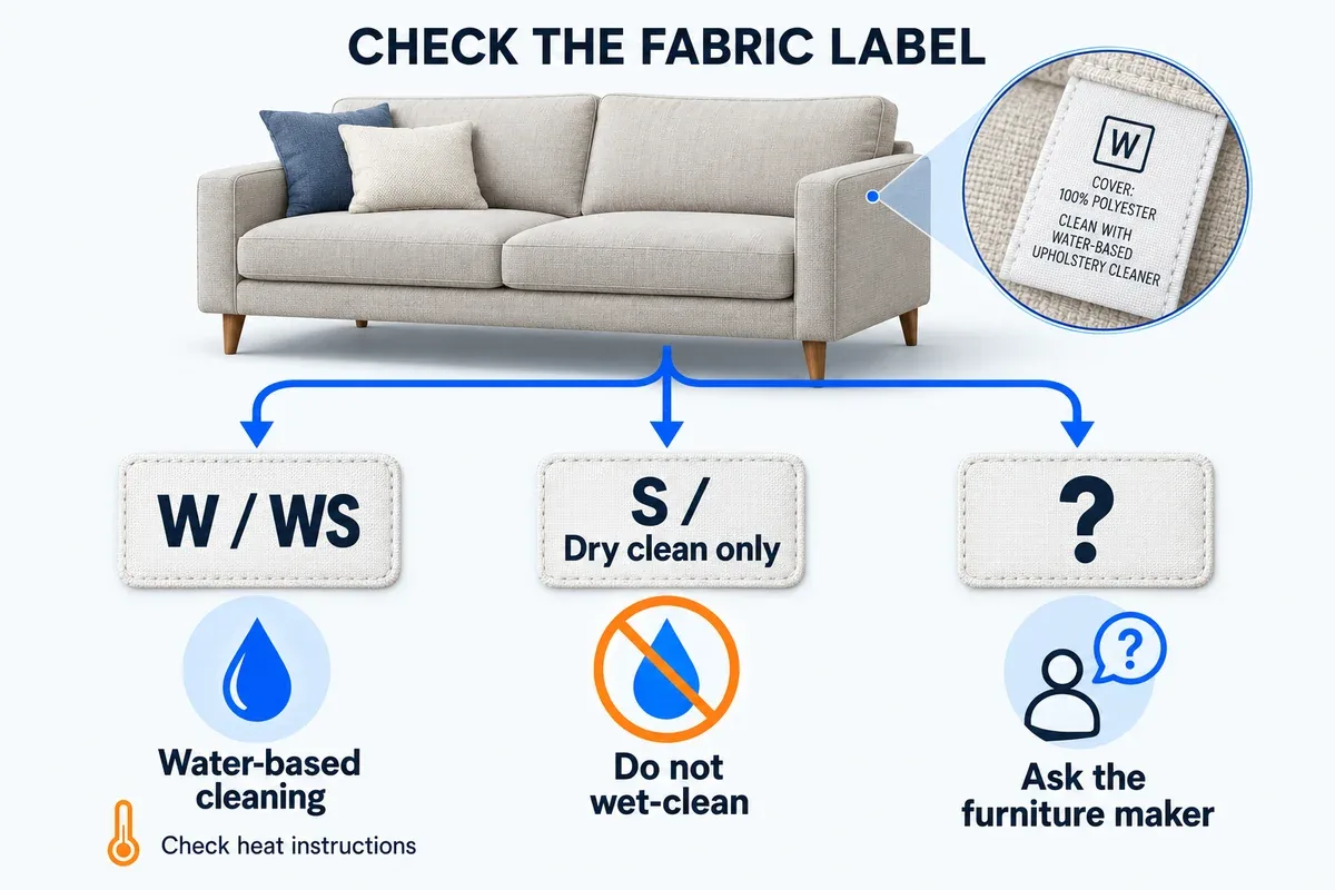 Upholstery-care decision diagram: W or WS allows water-based cleaning, S means stop, and an unknown label needs manufacturer advice.