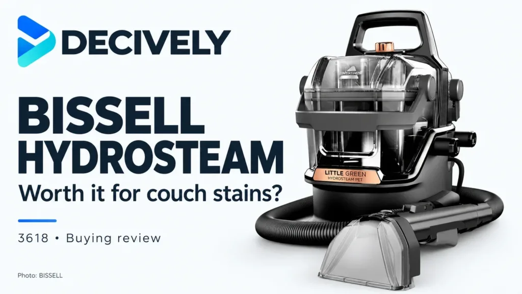 BISSELL Little Green HydroSteam Pet in black and copper, with the Decively logo and couch-stain review headline.