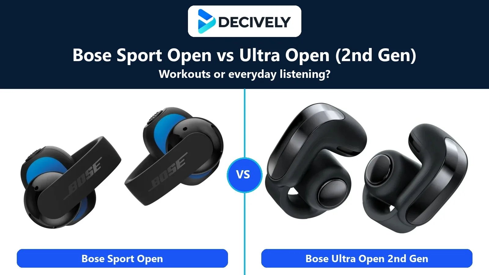 Bose Sport Open and Bose Ultra Open Earbuds second generation in Black, side by side with the Decively logo.