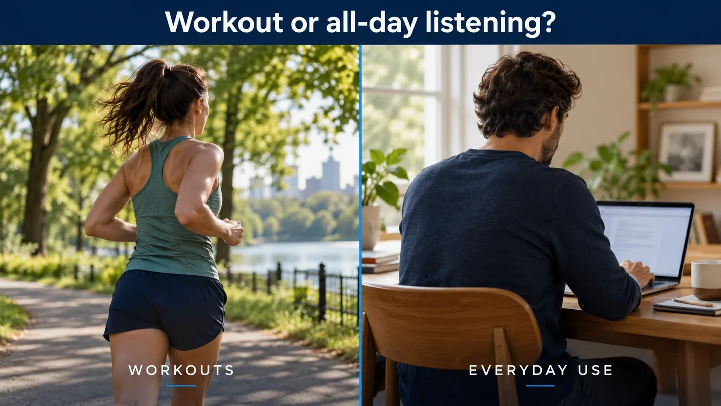 Illustrated comparison of a runner outdoors and a person working at a laptop, showing workout and everyday listening contexts.