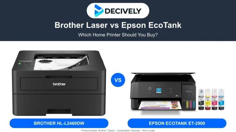 Brother HL-L2460DW monochrome laser and black Epson EcoTank ET-2900 with the actual Decively logo