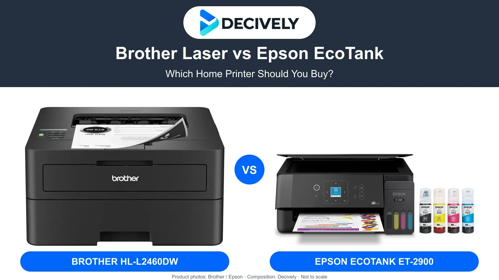 Brother HL-L2460DW monochrome laser and black Epson EcoTank ET-2900 with the actual Decively logo