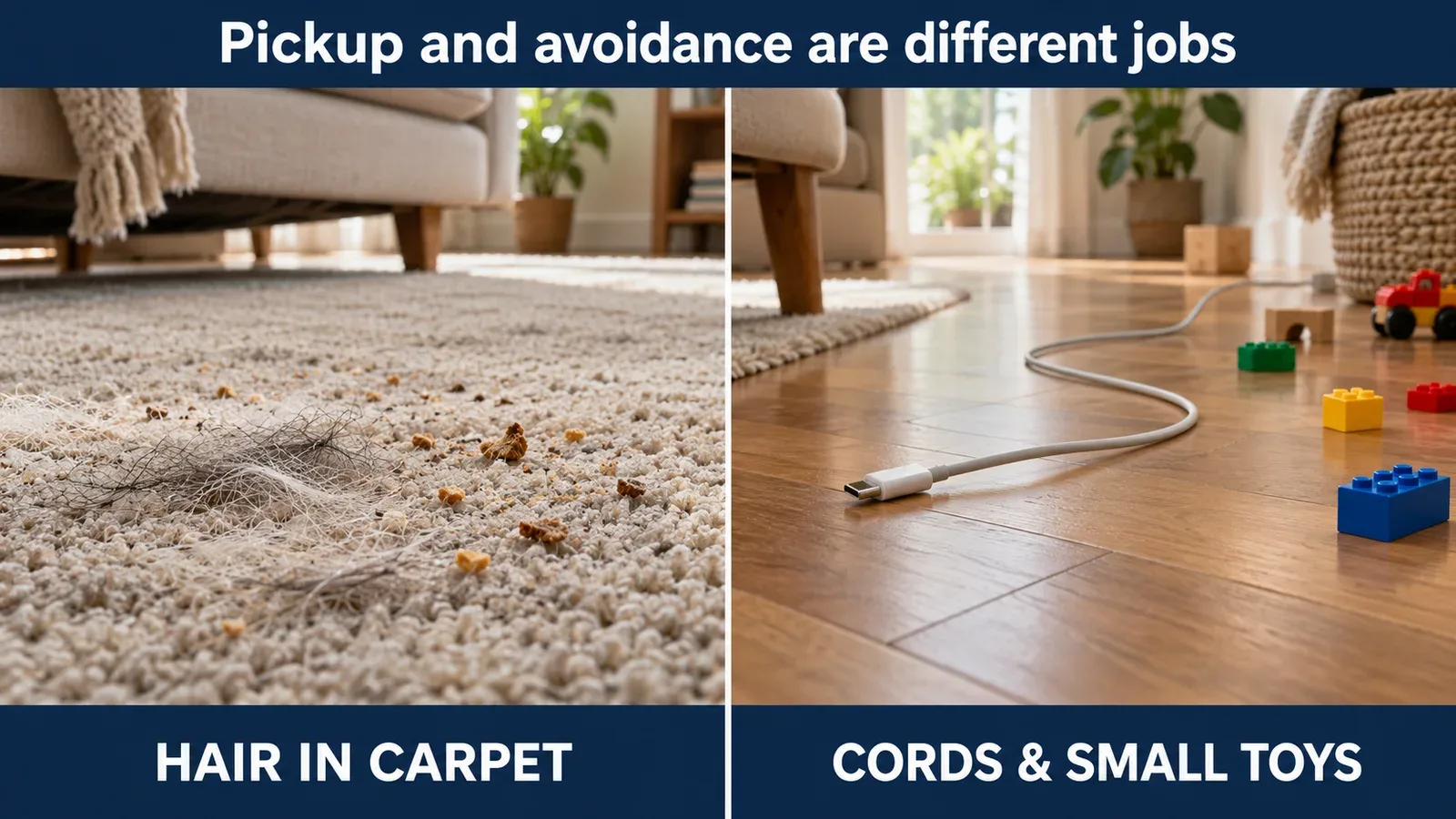Illustration comparing pet hair embedded in a rug with loose charging cables and small toys on a hard floor
