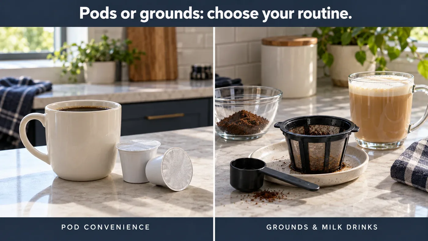 Illustration comparing a mug and sealed coffee pods with a reusable grounds basket, coffee scoop and milk drink
