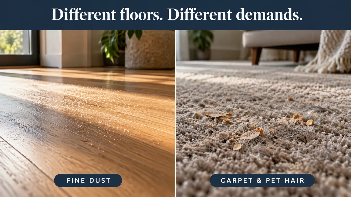 Realistic illustration of fine dust on oak flooring beside crumbs and pet hair embedded in carpet