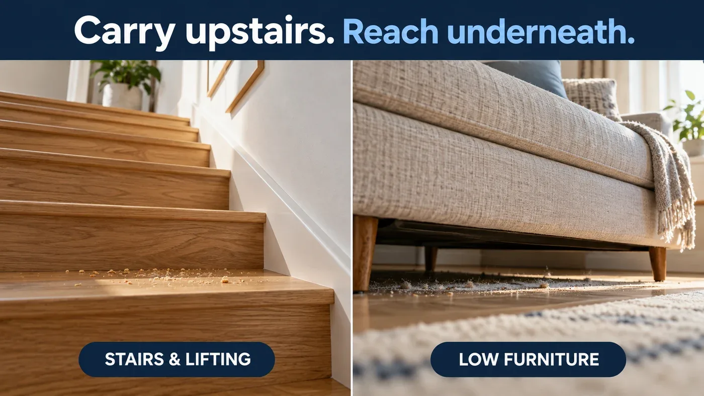 Realistic illustration comparing crumbs on wooden stairs with dust beneath a low sofa