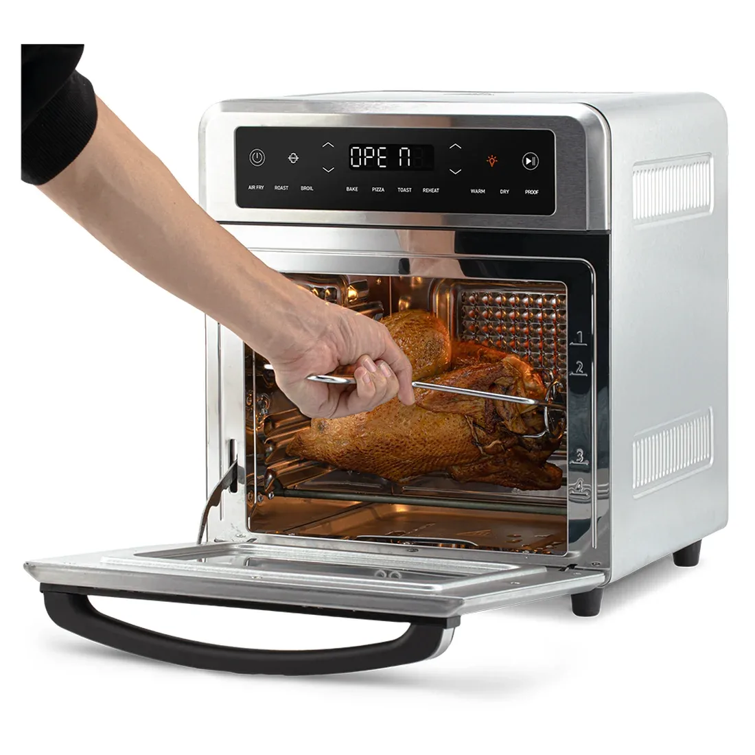 Rack air fryer example: stainless COSORI 13-quart air fryer oven with racks and rotisserie chicken
