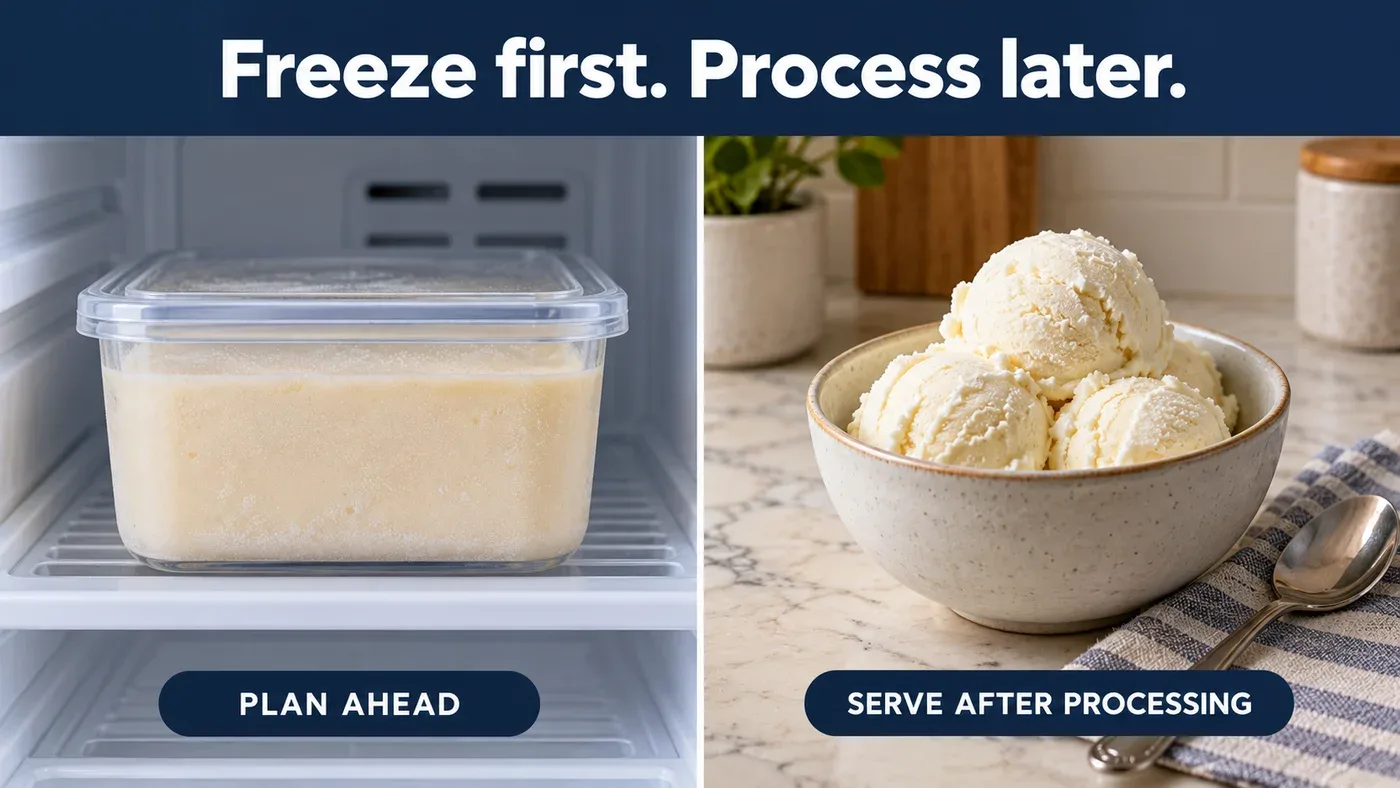 Concept illustration of a frozen dessert base in a generic food container beside finished scooped ice cream