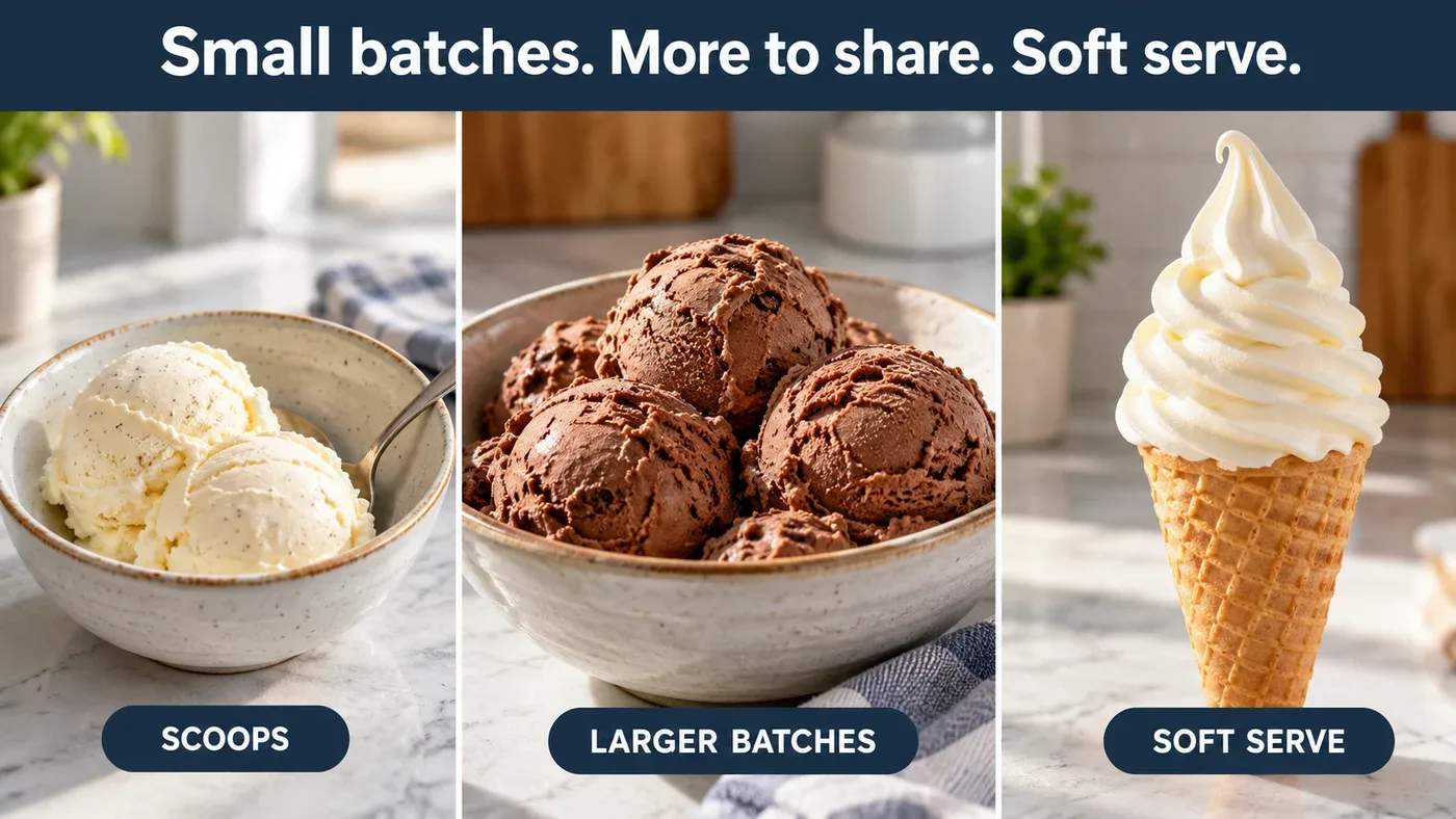 Realistic illustration comparing a small bowl of ice cream, a larger sharing bowl and a soft serve cone