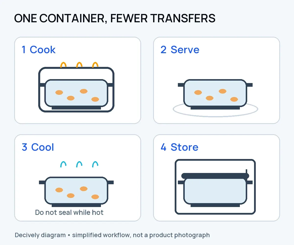 Diagram showing the Crispi DualZone glass-container workflow: cook, serve, cool, then store
