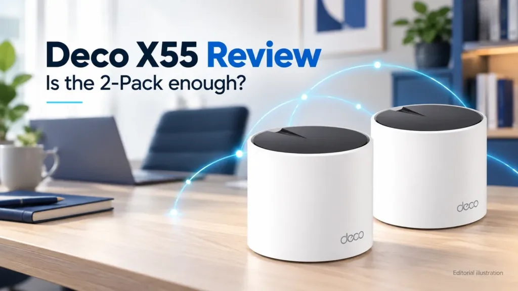 TP-Link Deco X55 review cover showing two mesh Wi-Fi units in a home office; editorial illustration.