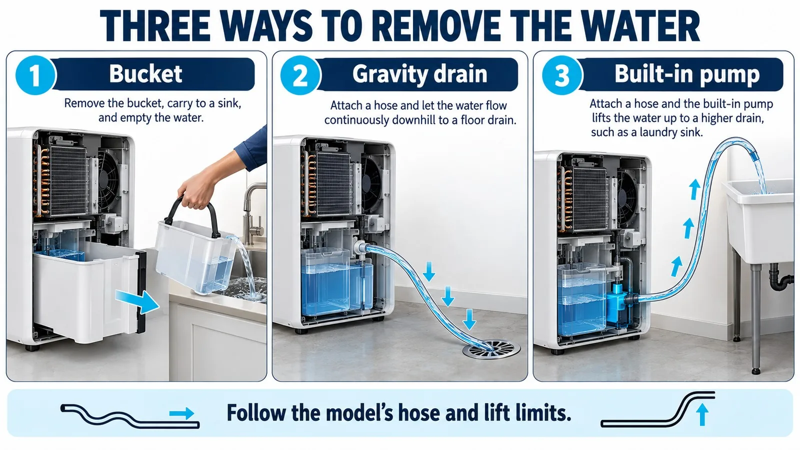Illustration of bucket emptying, downhill gravity drainage and pump drainage to a higher sink.