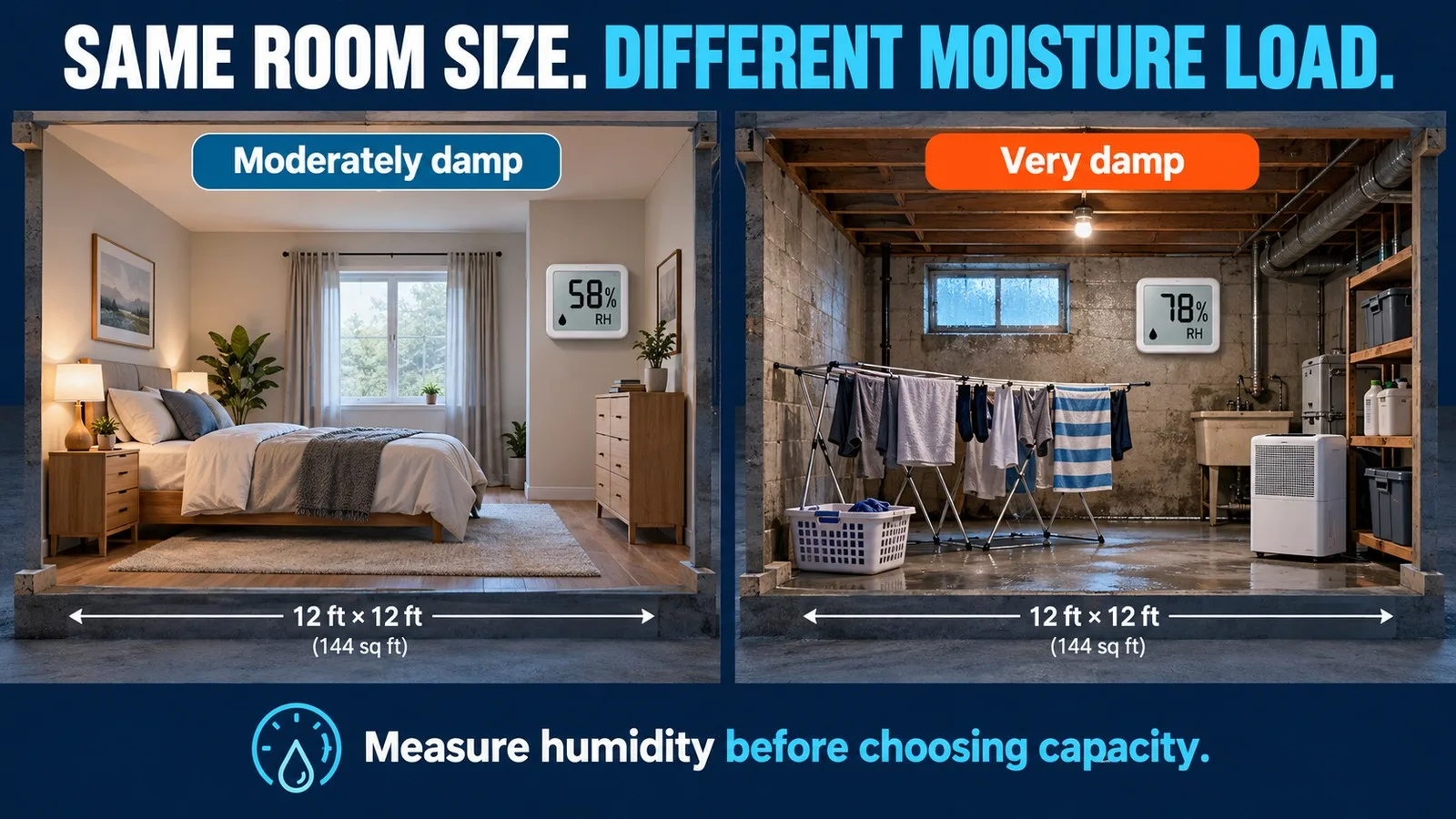 Two equally sized rooms with different humidity and moisture sources; readings are illustrative examples.