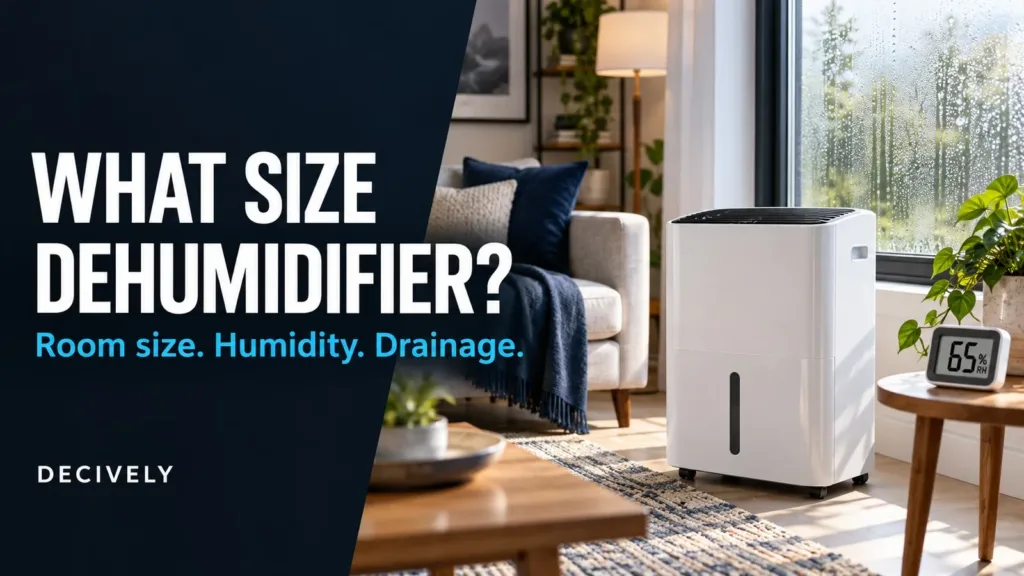 Dehumidifier size buying guide with a room, humidity reading and an illustrative portable appliance.