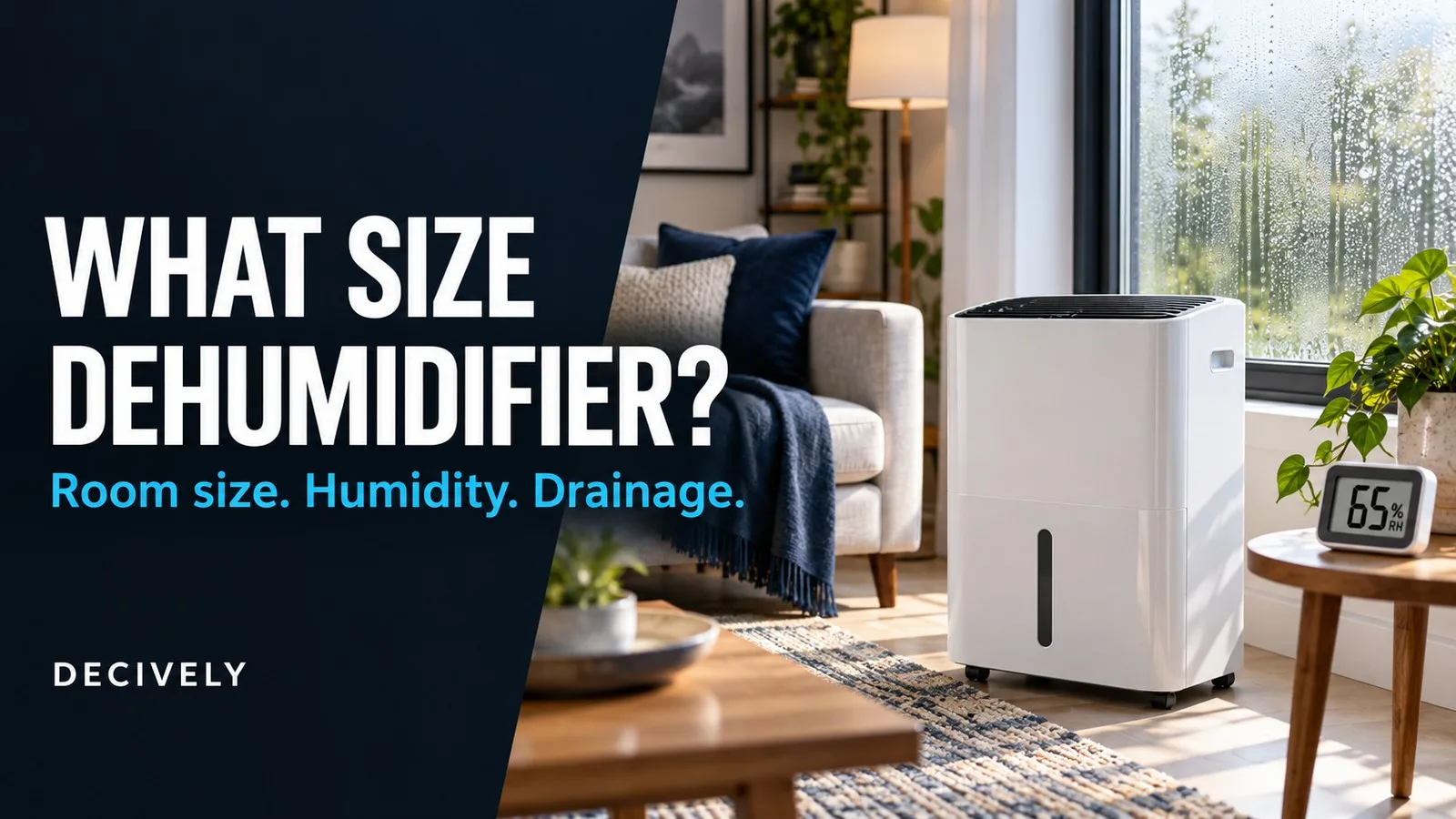 Dehumidifier size buying guide with a room, humidity reading and an illustrative portable appliance.