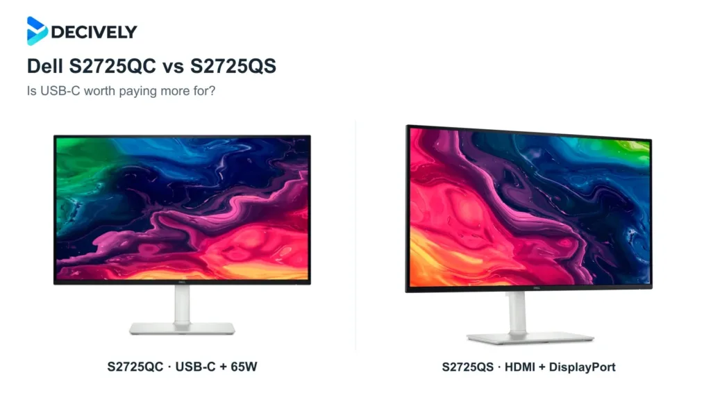 Dell S2725QC and S2725QS 27-inch monitors side by side with the official Decively logo