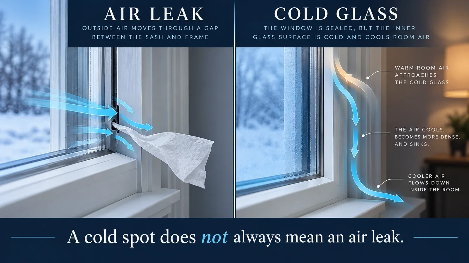 Diagram comparing outside air leaking through a window seam with room air cooling and sinking beside sealed cold glass.