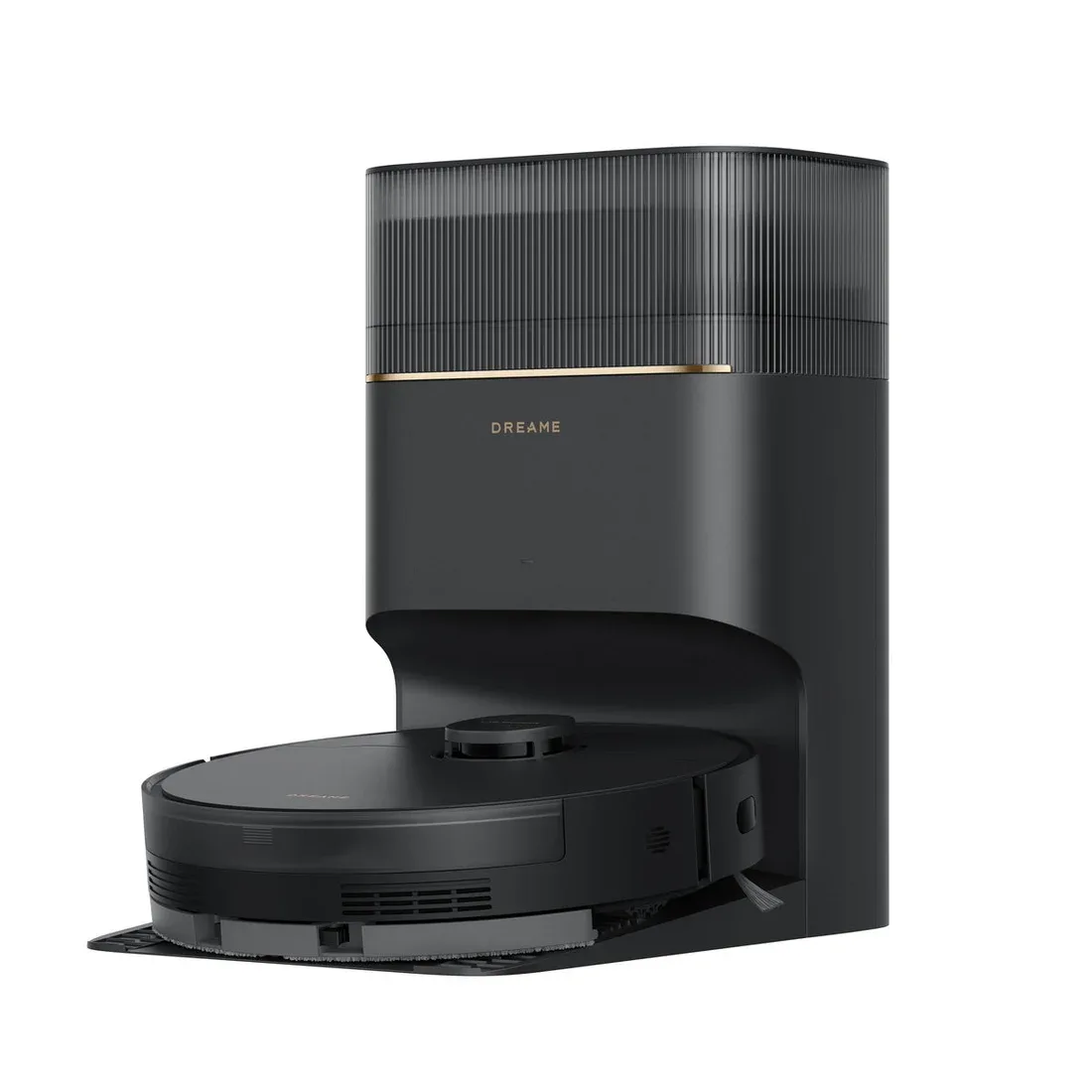 Black Dreame D20 Pro Plus robot vacuum on its auto-empty base station