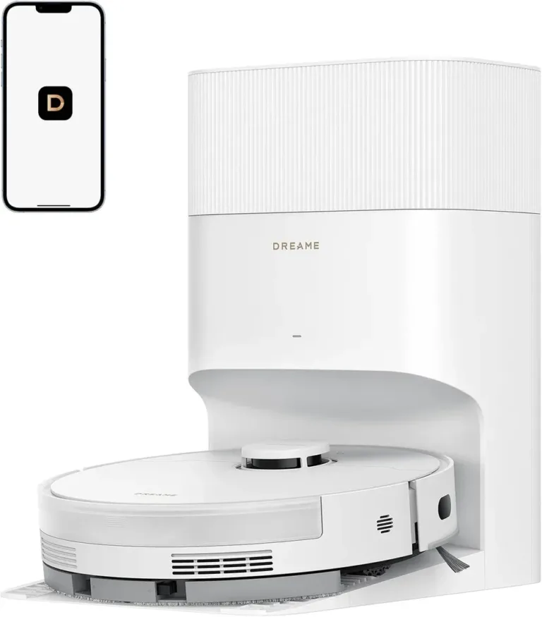 White Dreame D20 Pro Plus robot vacuum and self-emptying dock