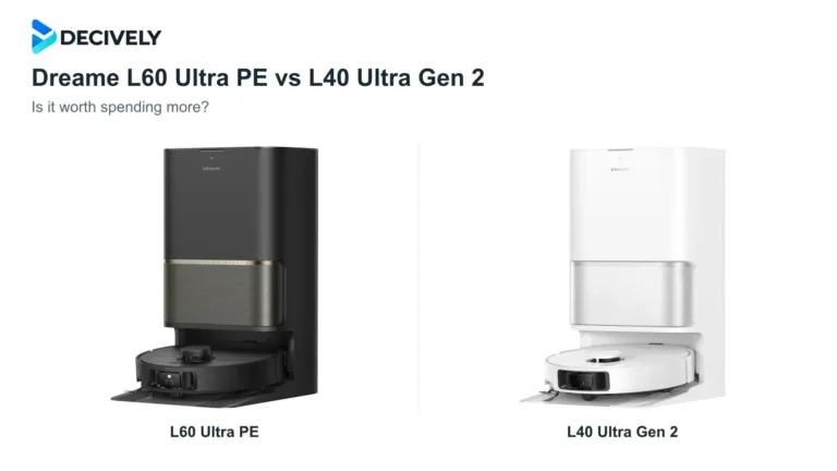 Black Dreame L60 Ultra PE and white L40 Ultra Gen 2 robot vacuums with docks and the official Decively logo