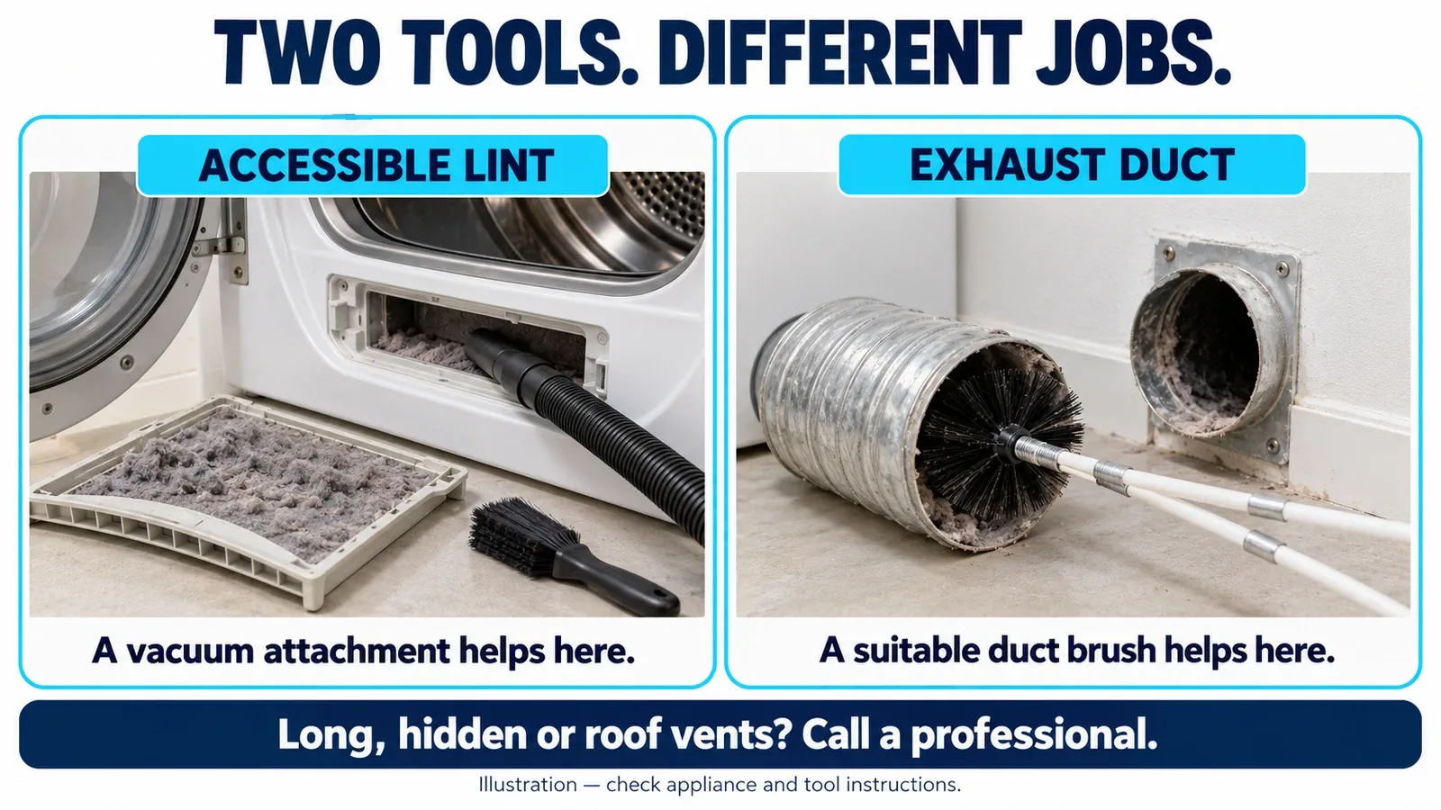 Illustration showing a vacuum hose for accessible lint and a rotary brush for a suitable dryer exhaust duct.