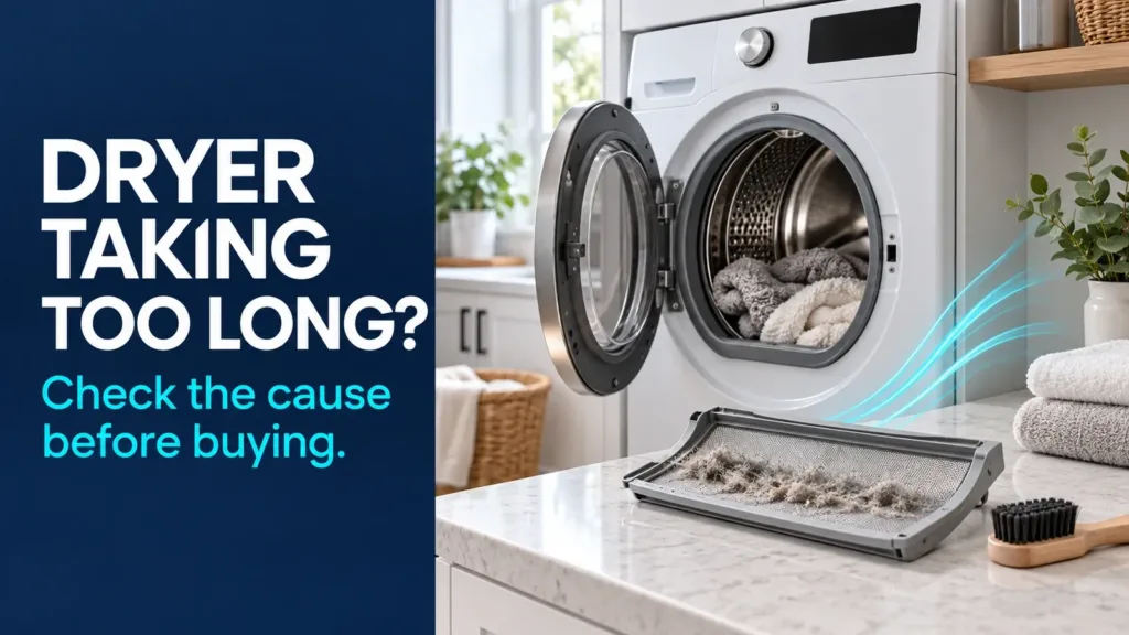 Dryer and lint-screen illustration with the headline Dryer taking too long? Check the cause before buying.