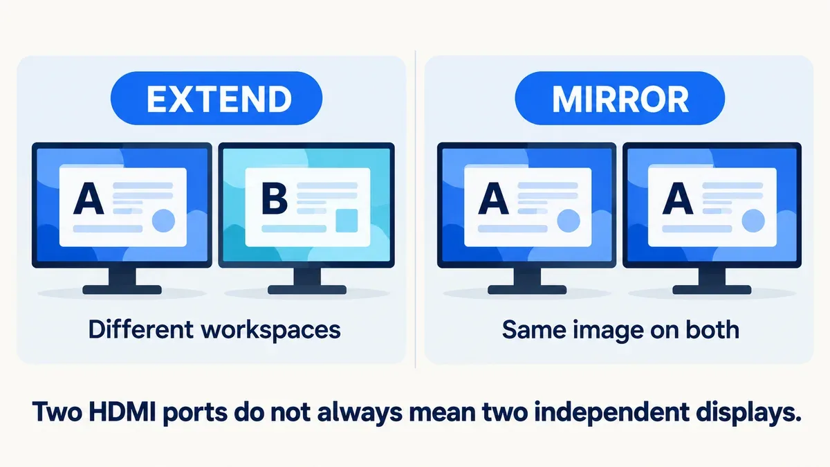 Extended displays show different workspaces; mirrored displays repeat the same screen