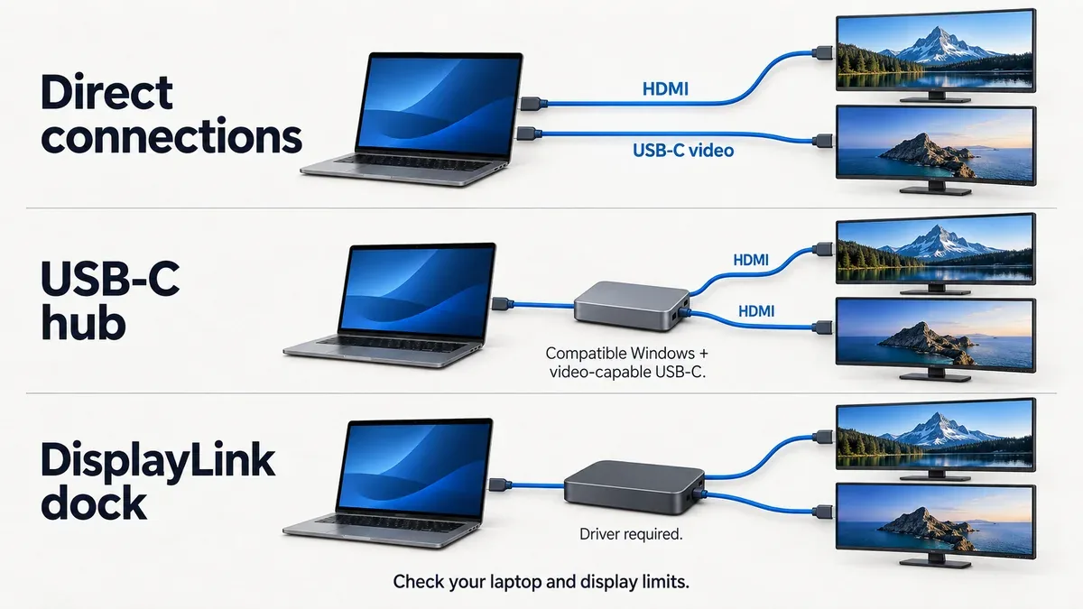 Three ways to connect two external monitors: direct video ports, a compatible USB-C hub, or a DisplayLink dock
